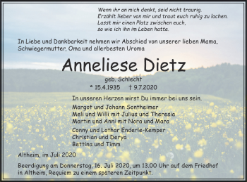 Traueranzeige von Anneliese Dietz von SÜDWEST PRESSE Ausgabe Ulm/Neu-Ulm