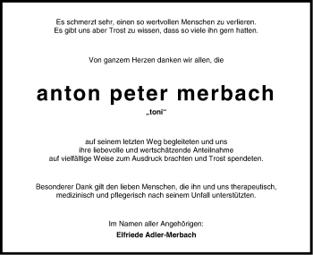 Traueranzeige von Anton Peter Merbach von Hohenzollerische Zeitung