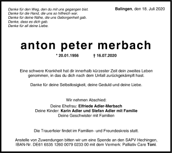 Traueranzeige von Anton Peter Merbach von Hohenzollerische Zeitung