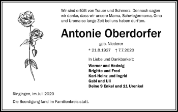 Traueranzeige von Antonie Oberdorfer von Ehinger Tagblatt