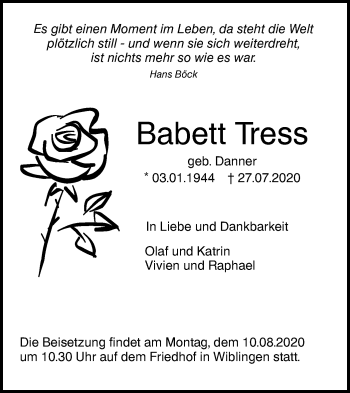 Traueranzeige von Babett Tress von SÜDWEST PRESSE Ausgabe Ulm/Neu-Ulm