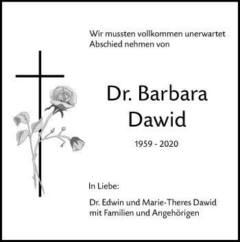 Traueranzeige von Barbara Dawid von SÜDWEST PRESSE Ausgabe Ulm/Neu-Ulm