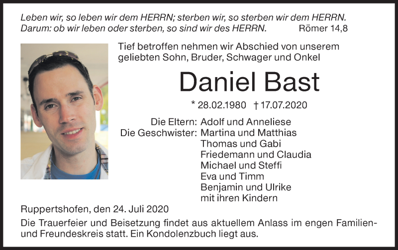  Traueranzeige für Daniel Bast vom 24.07.2020 aus Haller Tagblatt