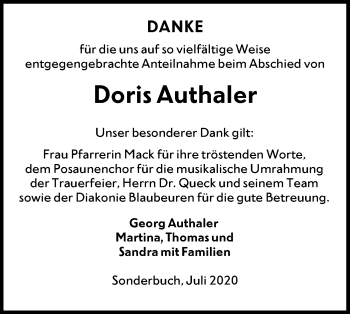 Traueranzeige von Doris Authaler von SÜDWEST PRESSE