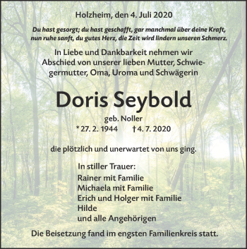 Traueranzeige von Doris Seybold von NWZ Neue Württembergische Zeitung/Geislinger Zeitung