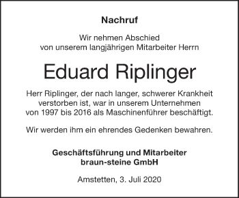 Traueranzeige von Eduard Riplinger von SÜDWEST PRESSE Ausgabe Ulm/Neu-Ulm