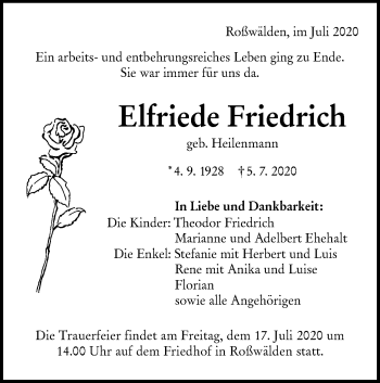 Traueranzeige von Elfriede Friedrich von NWZ Neue Württembergische Zeitung