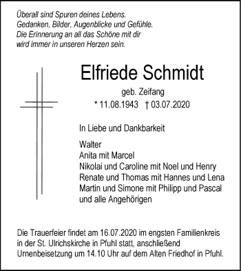 Traueranzeige von Elfriede Schmidt von SÜDWEST PRESSE Ausgabe Ulm/Neu-Ulm