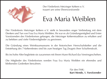 Traueranzeige von Eva Maria Weiblen von Metzinger-Uracher Volksblatt