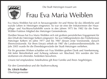 Traueranzeige von Eva Maria Weiblen von Metzinger-Uracher Volksblatt