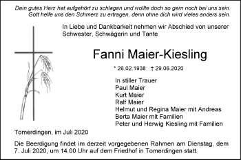 Traueranzeige von Fanni Maier-Kiesling von SÜDWEST PRESSE Ausgabe Ulm/Neu-Ulm