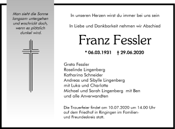 Traueranzeige von Franz Fessler von Hohenzollerische Zeitung