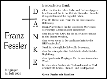 Traueranzeige von Franz Fessler von Hohenzollerische Zeitung