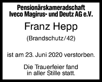 Traueranzeige von Franz Hepp von SÜDWEST PRESSE Ausgabe Ulm/Neu-Ulm