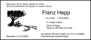 Traueranzeige von Franz Hepp von SÜDWEST PRESSE Ausgabe Ulm/Neu-Ulm