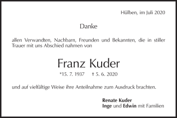 Traueranzeige von Franz Kuder von Metzinger-Uracher Volksblatt