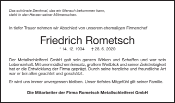 Traueranzeige von Friedrich Rometsch von Metzinger-Uracher Volksblatt