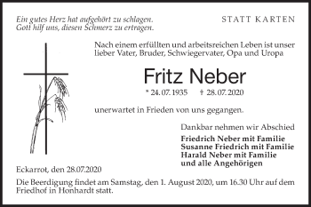 Traueranzeige von Fritz Neber von Hohenloher Tagblatt