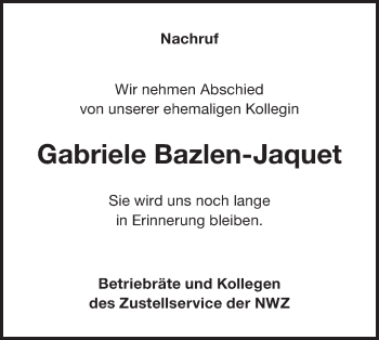 Traueranzeige von Gabriele Bazlen-Jaquet von NWZ Neue Württembergische Zeitung