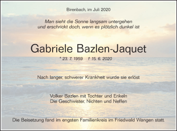 Traueranzeige von Gabriele Bazlen-Jaquet von NWZ Neue Württembergische Zeitung