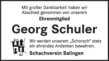 Traueranzeige von Georg Schuler von Hohenzollerische Zeitung