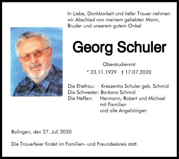 Traueranzeige von Georg Schuler von Hohenzollerische Zeitung