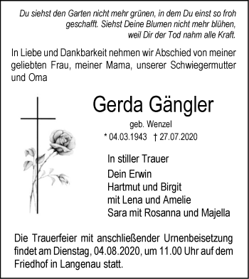 Traueranzeige von Gerda Gängler von SÜDWEST PRESSE Ausgabe Ulm/Neu-Ulm