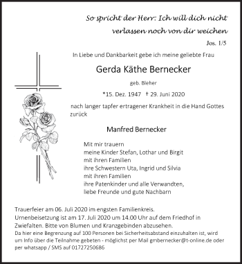 Traueranzeige von Gerda Käthe Bernecker von Alb-Bote/Metzinger-Uracher Volksblatt