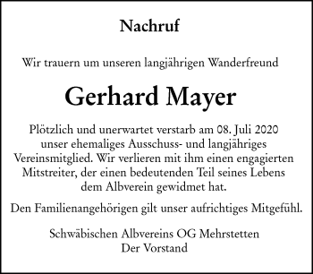 Traueranzeige von Gerhard Mayer von Alb-Bote/Metzinger-Uracher Volksblatt