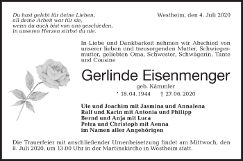 Traueranzeige von Gerlinde Eisenmenger von Haller Tagblatt