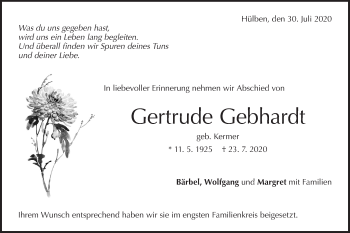 Traueranzeige von Gertrude Gebhardt von Metzinger-Uracher Volksblatt