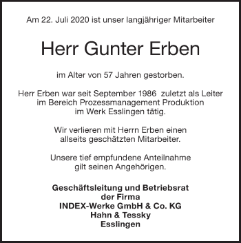 Traueranzeige von Gunter Erben von NWZ Neue Württembergische Zeitung