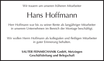 Traueranzeige von Hans Hoffmann von Metzinger-Uracher Volksblatt