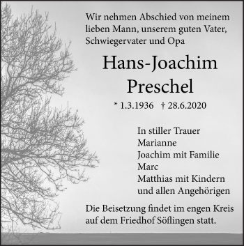 Traueranzeige von Hans-Joachim Preschel von SÜDWEST PRESSE Ausgabe Ulm/Neu-Ulm