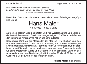 Traueranzeige von Hans Maier von Geislinger Zeitung