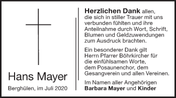 Traueranzeige von Hans Mayer von SÜDWEST PRESSE Ausgabe Ulm/Neu-Ulm