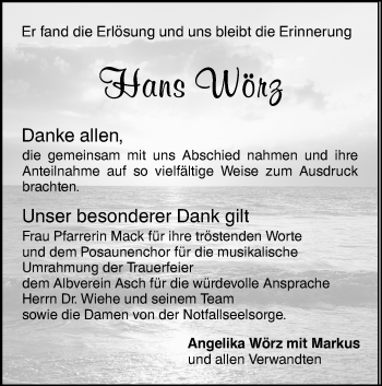 Traueranzeige von Hans Wörz von SÜDWEST PRESSE Ausgabe Ulm/Neu-Ulm