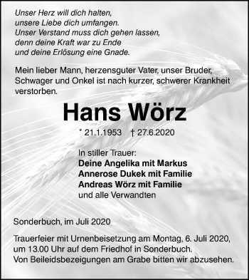 Traueranzeige von Hans Wörz von SÜDWEST PRESSE Ausgabe Ulm/Neu-Ulm