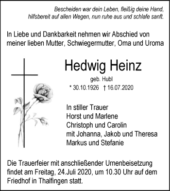 Traueranzeige von Hedwig Heinz von SÜDWEST PRESSE Ausgabe Ulm/Neu-Ulm