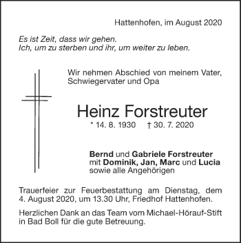 Traueranzeige von Heinz Forstreuter von NWZ Neue Württembergische Zeitung