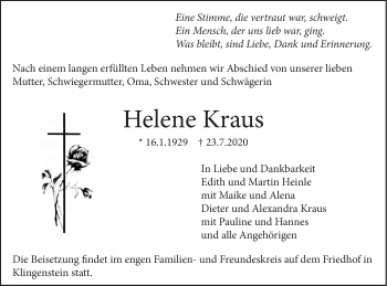 Traueranzeige von Helene Kraus von SÜDWEST PRESSE Ausgabe Ulm/Neu-Ulm