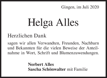 Traueranzeige von Helga Alles von Geislinger Zeitung