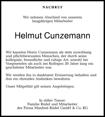 Traueranzeige von Helmut Cunzemann von Haller Tagblatt