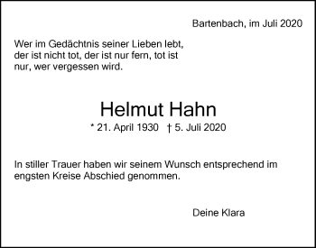 Traueranzeige von Helmut Hahn von NWZ Neue Württembergische Zeitung