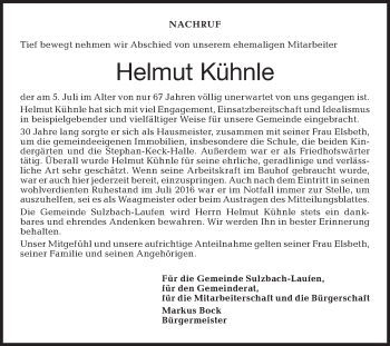 Traueranzeige von Helmut Kühnle von Rundschau Gaildorf