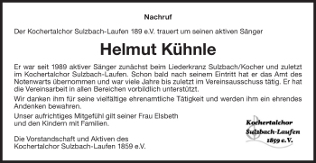 Traueranzeige von Helmut Kühnle von Rundschau Gaildorf