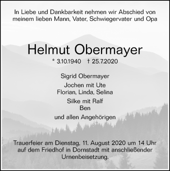 Traueranzeige von Helmut Obermayer von SÜDWEST PRESSE Ausgabe Ulm/Neu-Ulm