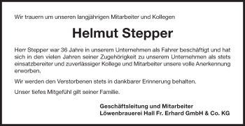 Traueranzeige von Helmut Stepper von Haller Tagblatt