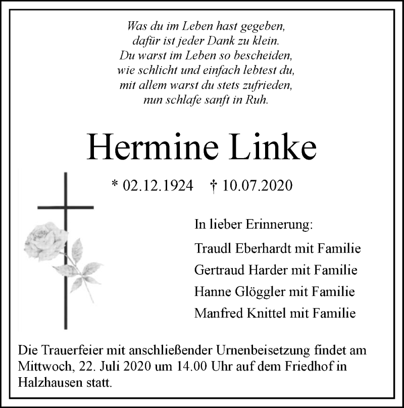  Traueranzeige für Hermine Linke vom 18.07.2020 aus SÜDWEST PRESSE Ausgabe Ulm/Neu-Ulm