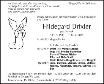 Traueranzeige von Hildegard Drixler von Geislinger Zeitung